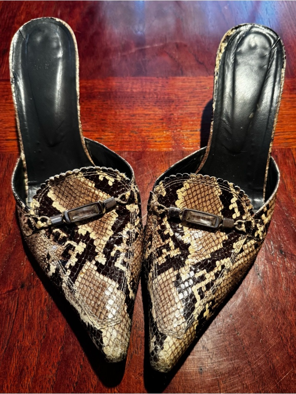 Stuart Weitzman Snake-Print Pointed-Toe Mules in Black & Tan